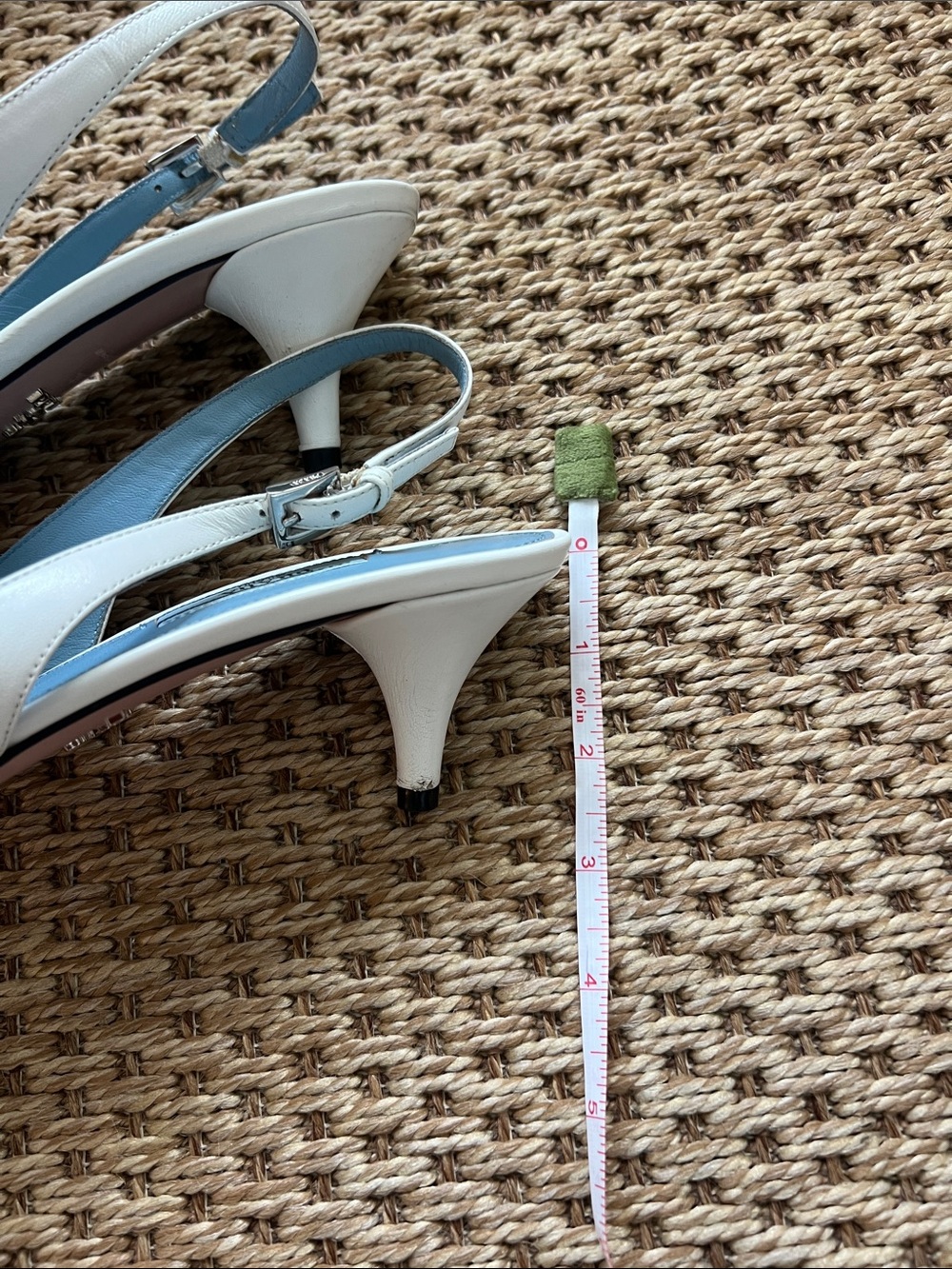 Prada White Leather Pointed Slingback Kitten Heels with Blue Prada Bow! - Picture 10 of 12